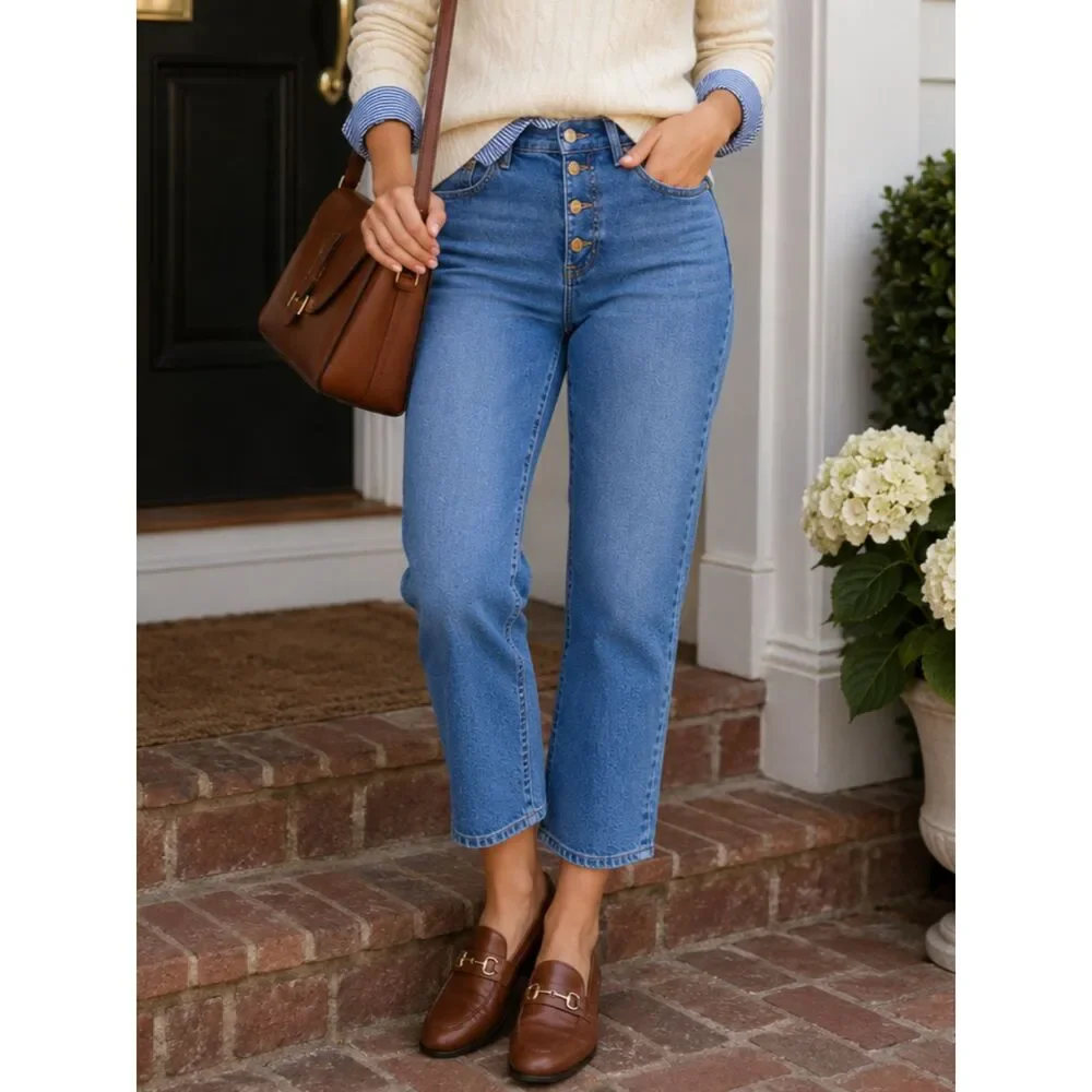 J.Crew Essential Straight Jeans Size 31 High Rise Button Fly Stretch Denim